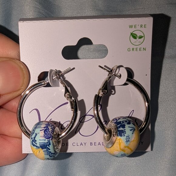 Viva Beads Blue & Yellow Ceramic Bead Hoop Earrings 5130 - Picture 1 of 6